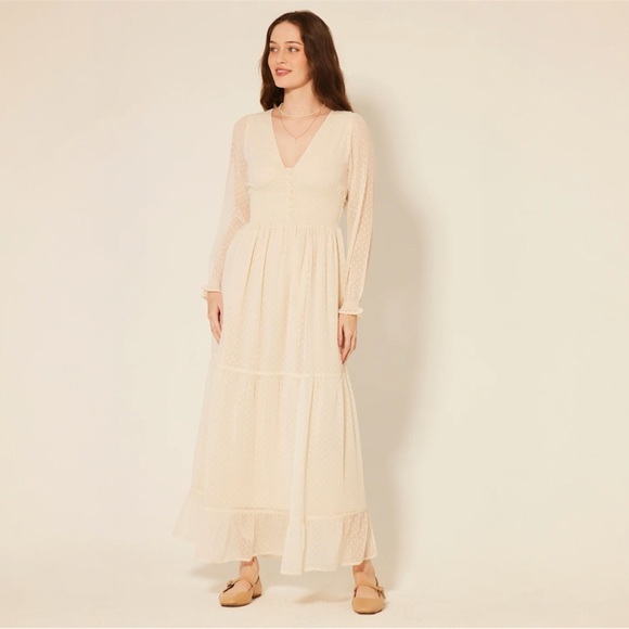 Patrons of Peace Altura Boho Maxi Dress Cream V-Neck Sheer Sleeve Medium - Picture 3 of 4